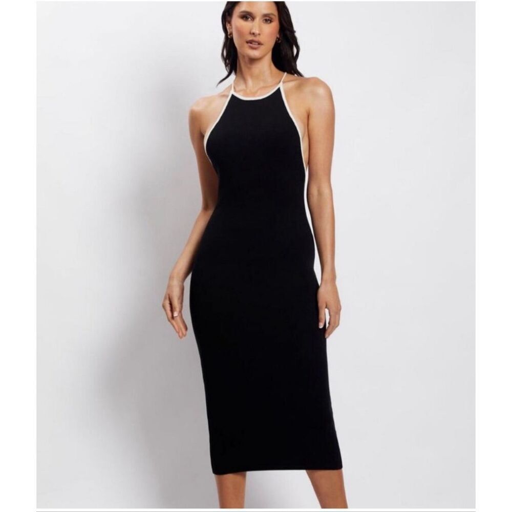 Meshki Heidi Contrast Binding Knit Midi Dress Low Back in Black Size M